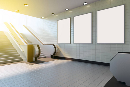小样的海报广告模板显示在地铁站自动扶梯。3d 渲染