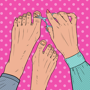 修脚美容沙龙。流行艺术女性手关心脚指甲。用剪刀剪指甲。矢量插图