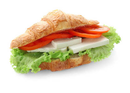 白色背景美味的牛角面包三明治