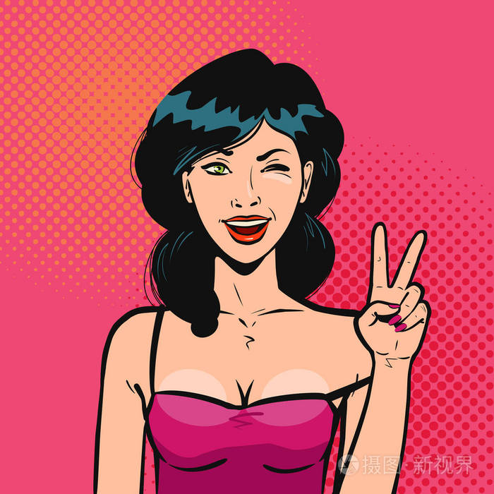 愉快的女孩显示手势, 胜利标志.