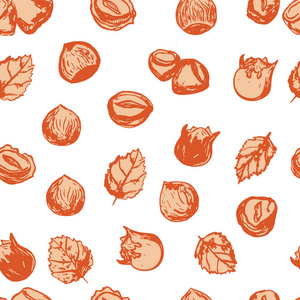 榛子螺母的无缝图案。孤立榛子健康食品。天然核桃小吃与叶子。有机收藏