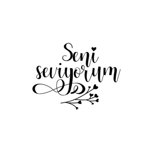 手写书法短语土耳其 Seni Seviyorum 矢量插图。土耳其语翻译 我爱你
