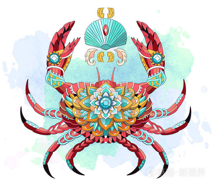 图案的螃蟹在水彩背景.纹身设计.