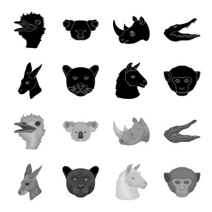袋鼠, 骆驼, 猴子, 豹, 现实动物集合图标黑色, 单色样式矢量符号股票插画网站