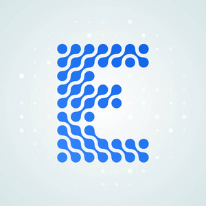 字母 E 标志现代半色调图标。矢量平字母 E 符号在未来的蓝点线液体字体时髦数字设计