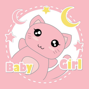 矢量卡通插图与可爱的粉红色小猫, 星星, 月亮适合婴儿送礼会邀请卡