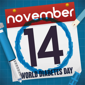 糖尿病一天的日历和医疗元素，矢量图的日期