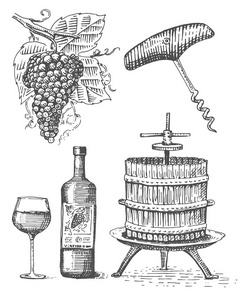 葡萄的新闻素描开瓶器酒瓶和玻璃中的复古风格，刻的木刻插图
