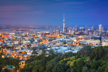 奥克兰.奥克兰地平线上的城市景观形象, 新西兰从伊甸园在黄昏拍摄