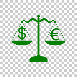 司法与货币交换符号比例。在透明背景上的暗绿色图标