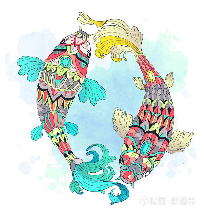 水彩背景上的鲤鱼图案.非洲, 印度, 图腾, 纹身设计.