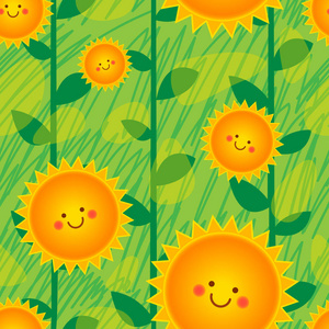 彩色矢量图为空间主题。可爱的太阳卡通人物花卉背景
