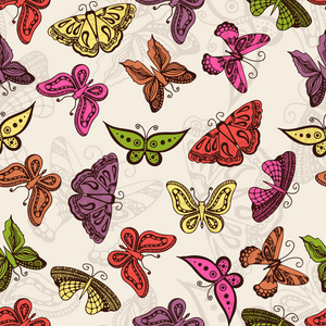 蝴蝶在纹身设计手绘风格中的剪影。矢量装饰涂鸦无缝