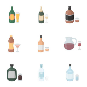 酒精在卡通风格中设置图标。酒精矢量符号股票图大集合