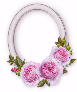 椭圆形相框。粉红色和淡玫瑰的香味。花组成。镂空花边编织的珍珠