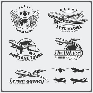 飞机旅行标签 标志 徽章和设计元素。复古风格