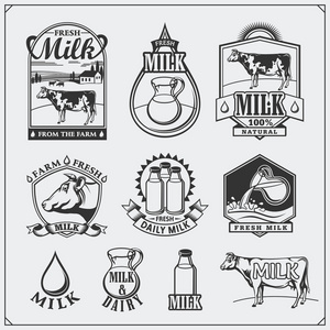 母牛的奶标签 标志 图标和设计元素。新鲜的牛奶，从农场