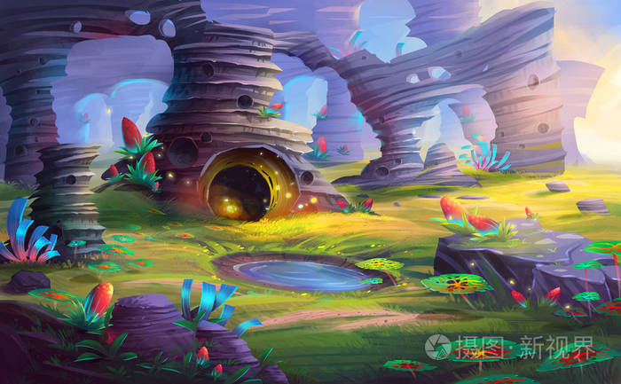 外星人星球的山和洞穴与梦幻般的 现实的和未来的风格 视频游戏的数字cg 图稿 概念插图 逼真卡通风格场景设计照片 正版商用图片0g0jk4 摄图新视界