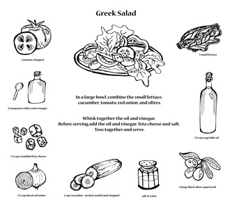 希腊沙拉食谱。黑色和白色