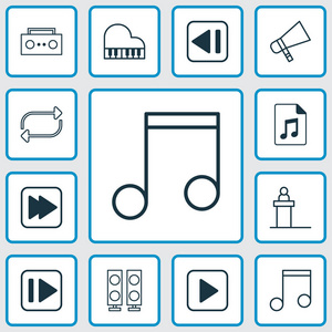 音乐图标设置与音频文件, 音乐, 转发音乐和其他以下音乐元素。孤立矢量插图音乐图标