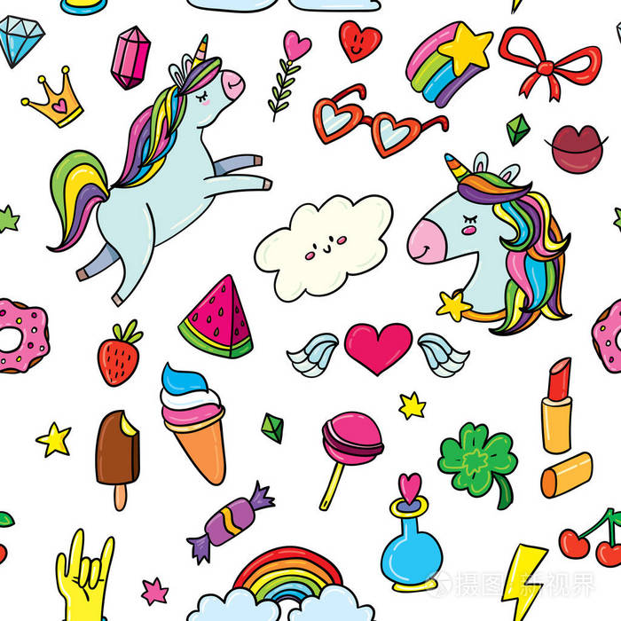 可爱多彩的素描涂鸦风格的贴纸套装.图案背景的矢量插图.