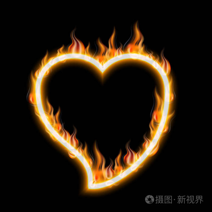 燃烧的心在黑色背景下被隔离的火的概念