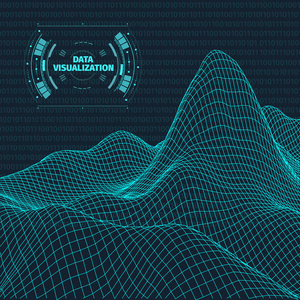数据可视化背景。未来主义设计平视显示器元素。二进制代码, 编码和编程概念。广角线框景观