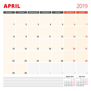 日历规划器模板2019年4月。星期从星期一开始。矢量插图