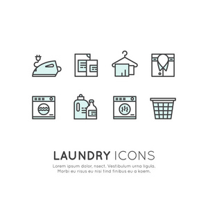洗衣服务 洗涤和劳动强度，衣服 干洗 烘干 熨烫和家用汽车的标志集的集合