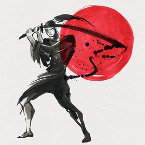 剪影武士.中式风格.水彩手绘插画照片