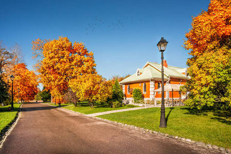 秋天的公园里的红色小屋