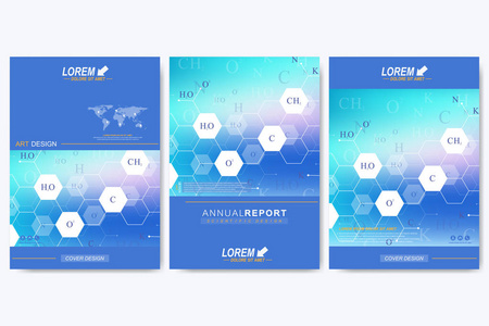 现代矢量模板小册子 传单海报 广告 封面 目录 杂志或年度报告。商业，科学，医疗设计。科学六边形斑图结构分子。卡面