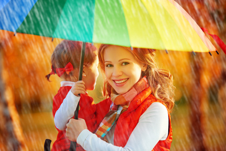 快乐家庭的妈妈和孩子女儿与彩虹色雨伞