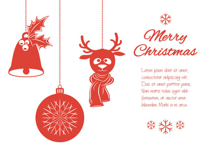 圣诞挂件 贝尔与冬青 球和一只鹿在围巾。普遍的边框，孤立的白色背景与地方为您的文本上。矢量图。它可以用于设计贺卡
