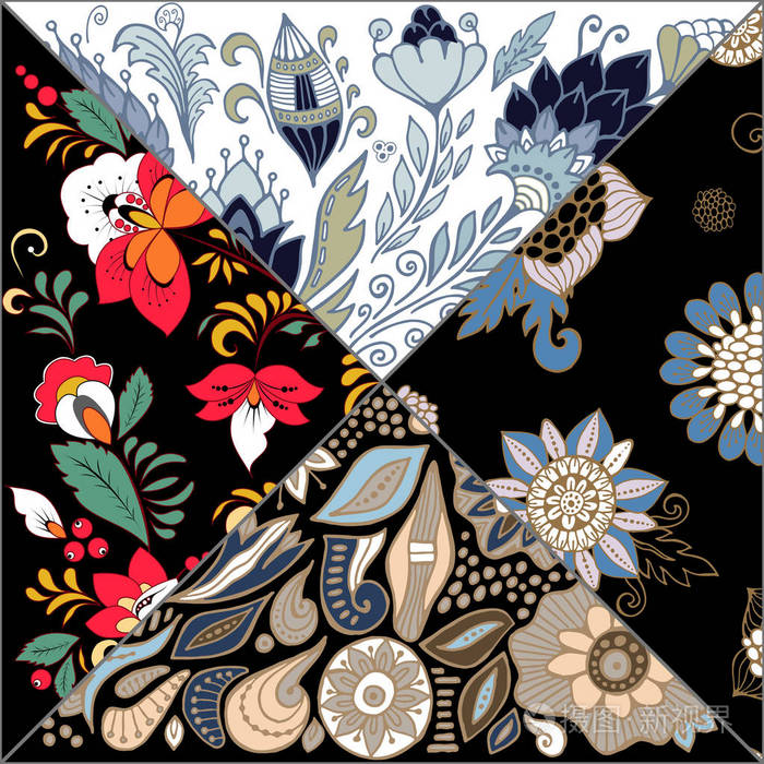 抽象拼贴瓷砖与花卉装饰. 阿拉伯语或东方 p