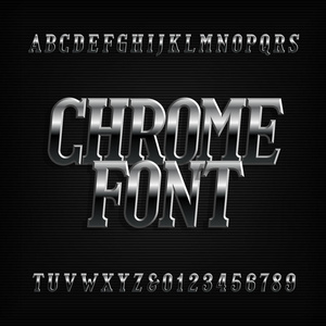 Chrome 效果字母表字体。金属斜字母, 数字和符号。为您设计的股票矢量排版