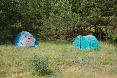 游客在树林里的帐篷。露营。休息区