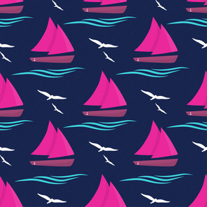 海上的船只。图案装饰着海浪和海鸥