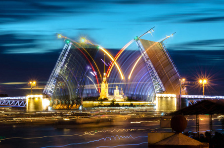 俄罗斯，圣彼得堡夜景宫桥吊桥和彼得保罗要塞