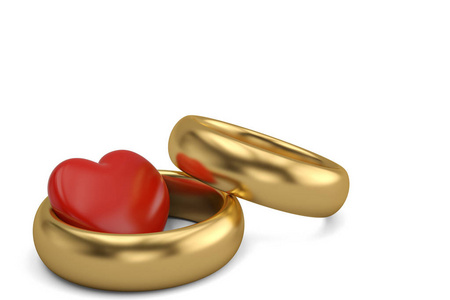 红色的心和金色的戒指在白色的背景. 3 d 例证