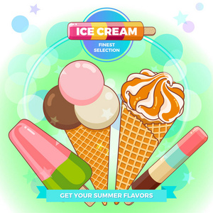 冰淇淋海报。明亮的彩色冰淇淋, 华夫饼锥, 冰棒在一个美丽的背景。卡通插图为网络, 广告, 横幅, 海报, 传单, 名片。矢量插