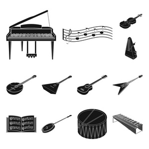 音乐仪器黑色图标集合中的设计。弦与风仪等距矢量符号股票网页插图