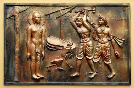 因陀罗阻止无知的牛郎巴大雄宝殿, 在印度西孟加拉加尔各答的耆那庙 也叫 Parshwanath 寺 的墙上的街道浮雕浮雕