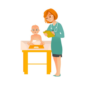 女儿科医生检查婴儿的定期检查隔离的白色背景照片