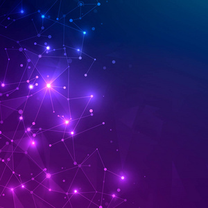 在深蓝色和紫色背景下具有多边形形状的技术网格。设计数字技术概念。混沌网络丛结构。抽象未来的纹理。矢量
