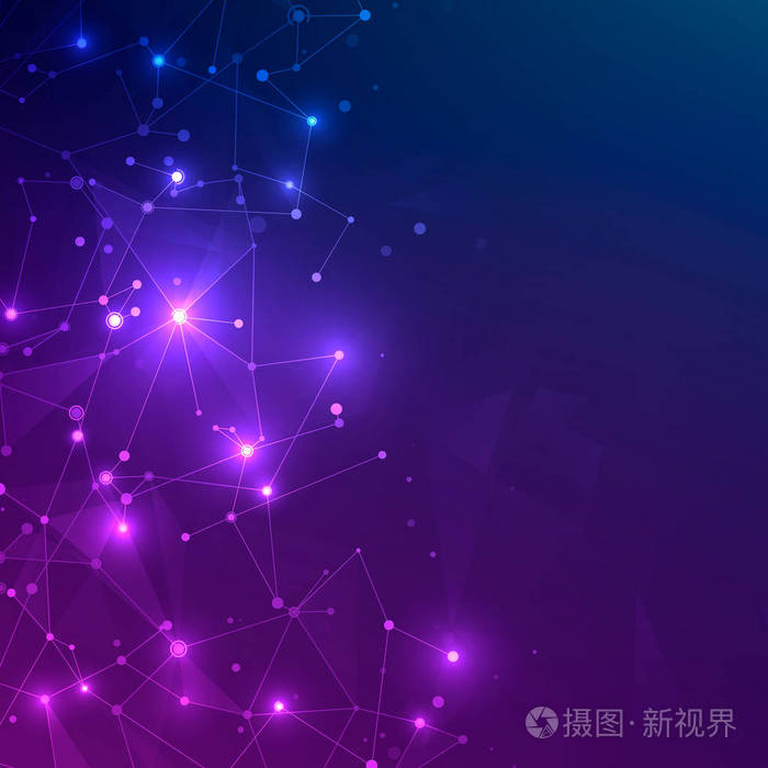 在深蓝色和紫色背景下具有多边形形状的技术网格.设计数字技术概念.