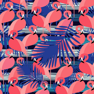 具有粉红色火烈鸟图案的无缝矢量背景。棕榈树叶上的粉红色火烈鸟。纺织品融洽