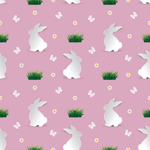 可爱的白兔无缝重复模式在柔软的粉红色背景