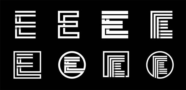大写字母 e 现代设置为字母组合, 标志, 徽章, 首字母缩写。由白色条纹与阴影重叠而成