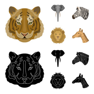 老虎, 狮子, 大象, 斑马, 现实动物集合图标在卡通, 黑色风格矢量符号股票插画网站
